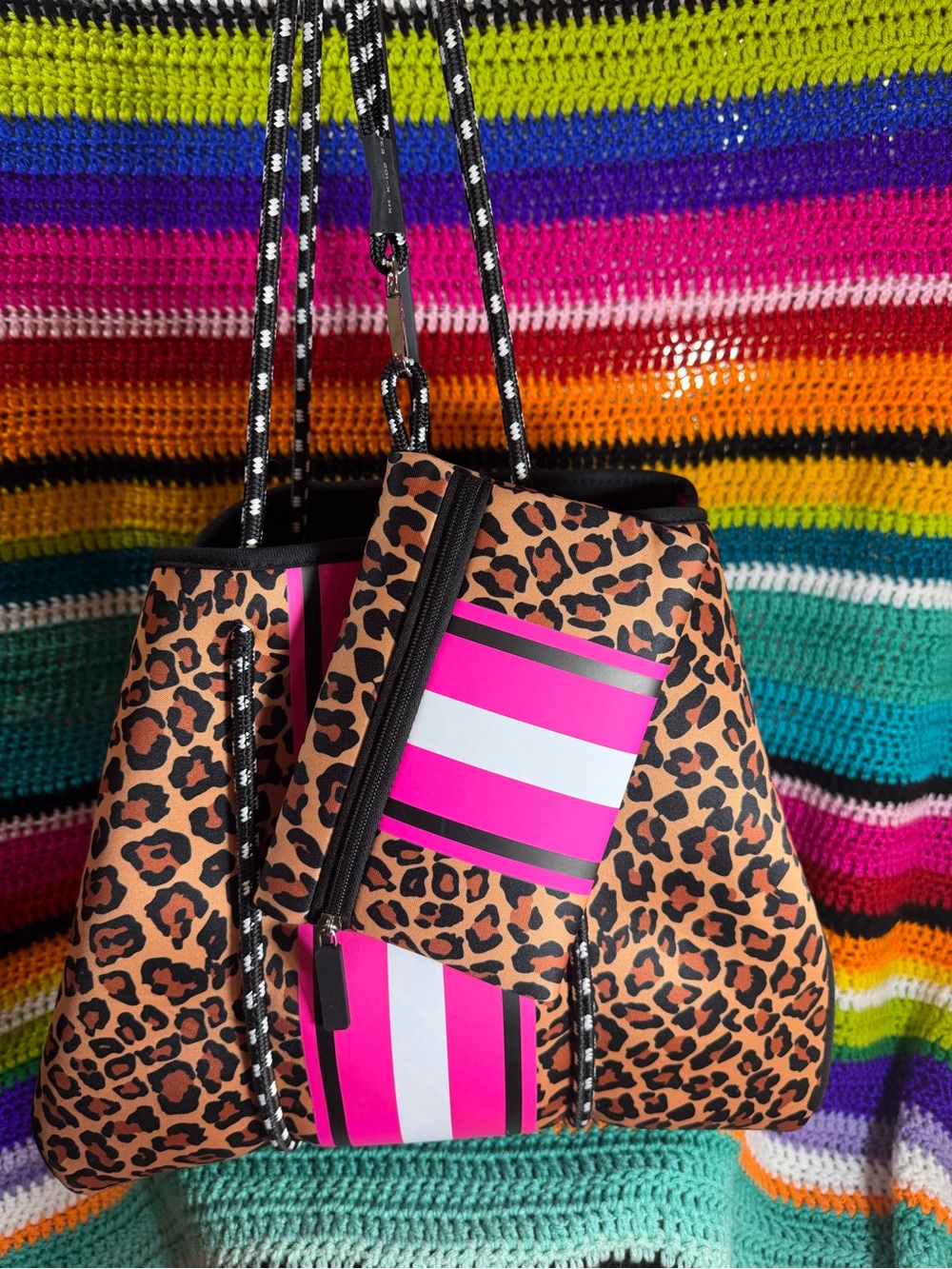 Jen & Co neoprene Leopard Print Tote with Bright Hot Pink Stripe Accent